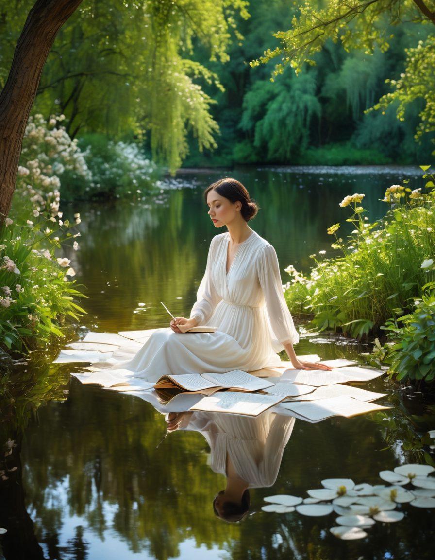 An ethereal setting featuring a woman seated by a serene river, pen in hand, surrounded by floating pages of poetry, symbolizing Anna Akhmatova's influence. The scene captures her essence with soft lighting and blooming flowers, reflecting the beauty of feminine expression in literature. In the background, hints of Russian architecture can be seen, connecting to Akhmatova's heritage. vibrant colors. super-realistic.