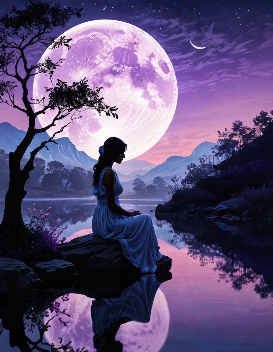 A mystical landscape featuring a silhouette of a woman deep in thought, surrounded by flowing melodies represented as swirling notes in the air. The background displays soft, ethereal colors, merging shades of lavender and deep blue, evoking a sense of romance and poetry. Delicate flowers and ancient scrolls hint at Akhmatova's literary essence, while a glowing full moon casts a serene light. super-realistic. vibrant colors. romantic atmosphere.