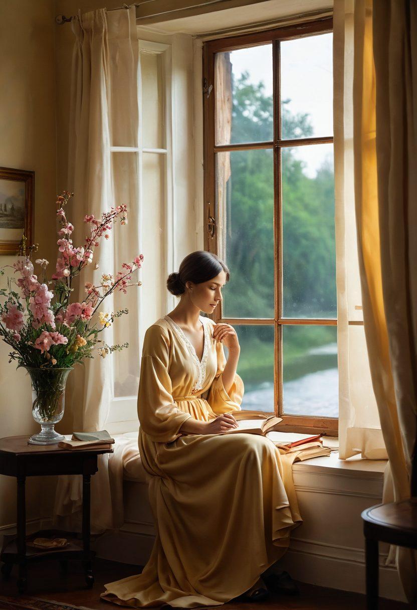 A serene and introspective scene depicting a woman sitting by a window, pen in hand, gazing thoughtfully at a landscape filled with flowing rivers and blooming flowers, symbolizing emotional depth and creativity. The room is adorned with classic books and soft, warm lighting, creating a cozy atmosphere. Include elements of Russian culture, like traditional motifs or textiles, to reflect Akhmatova's heritage. The overall mood should be reflective and poetic, embodying the essence of her work. soft focus. warm colors. painting.